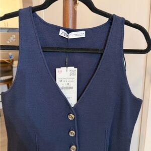 Zara Navy Sleeveless Button-Front V-Neck Dress